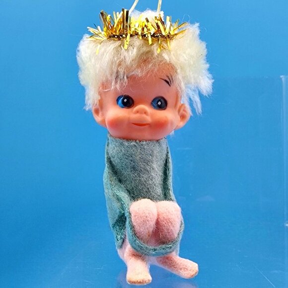 Vintage 1950s Napco Pixie Angel Elf Hugger Ornament Japan Green Felt Gold Halo - Picture 4 of 10